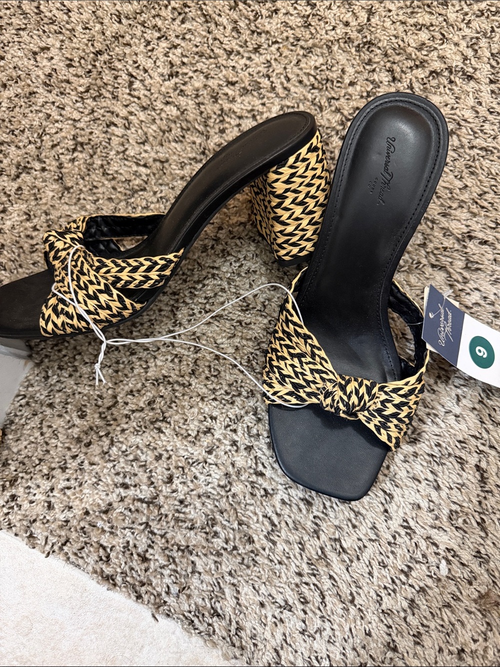 Universal Thread Black and Yellow Braided Knot Block Heel Mules